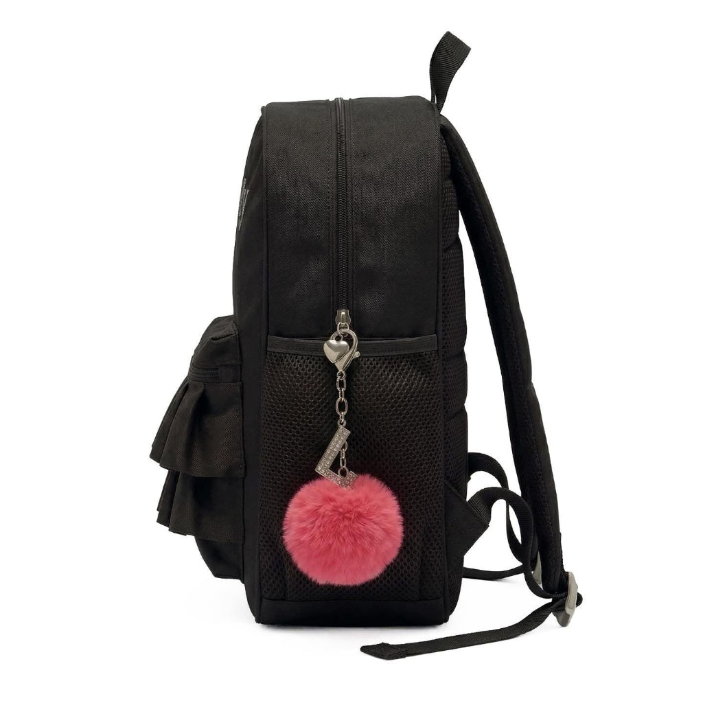 Black backpack with ruffled design and pink pom-pom, featuring 'LELLI KELLY' branding.