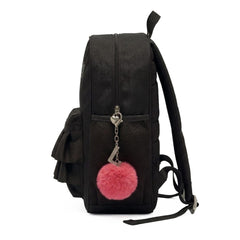 Black backpack with ruffled design and pink pom-pom, featuring 'LELLI KELLY' branding.