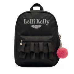 Black backpack with ruffled design and pink pom-pom, featuring 'LELLI KELLY' branding.