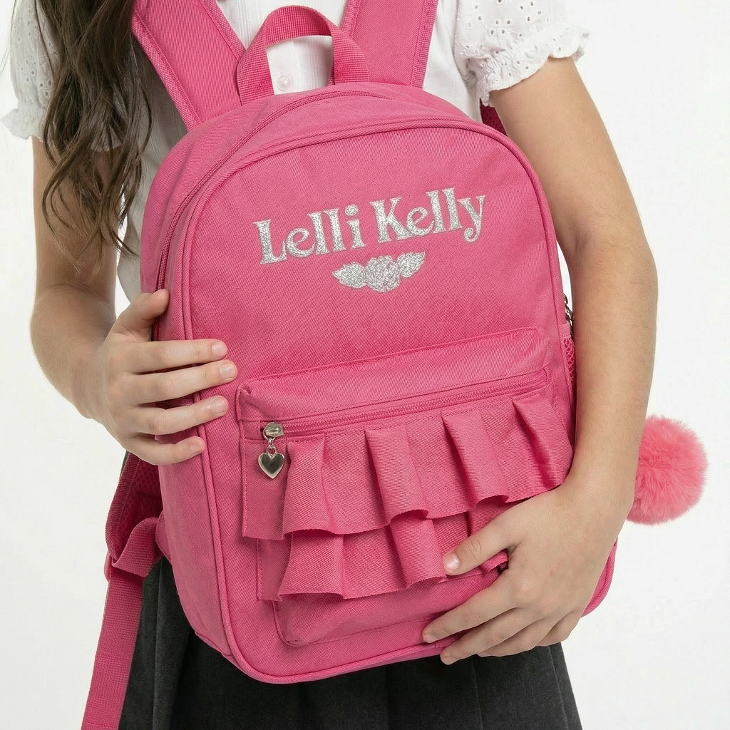 Britanny Pink backpack with ruffled design and pink pom-pom, featuring 'LELLI KELLY' branding.