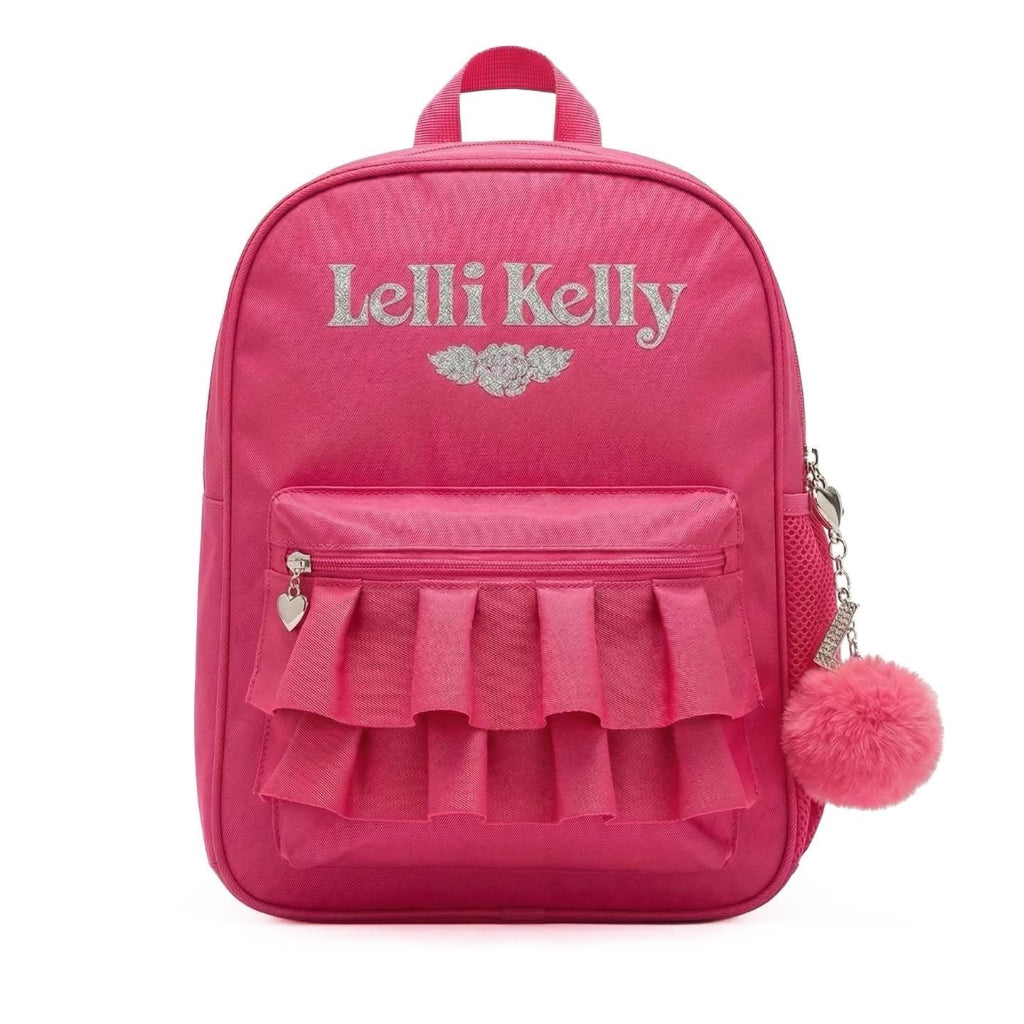 Britanny Pink backpack with ruffled design and pink pom-pom, featuring 'LELLI KELLY' branding.