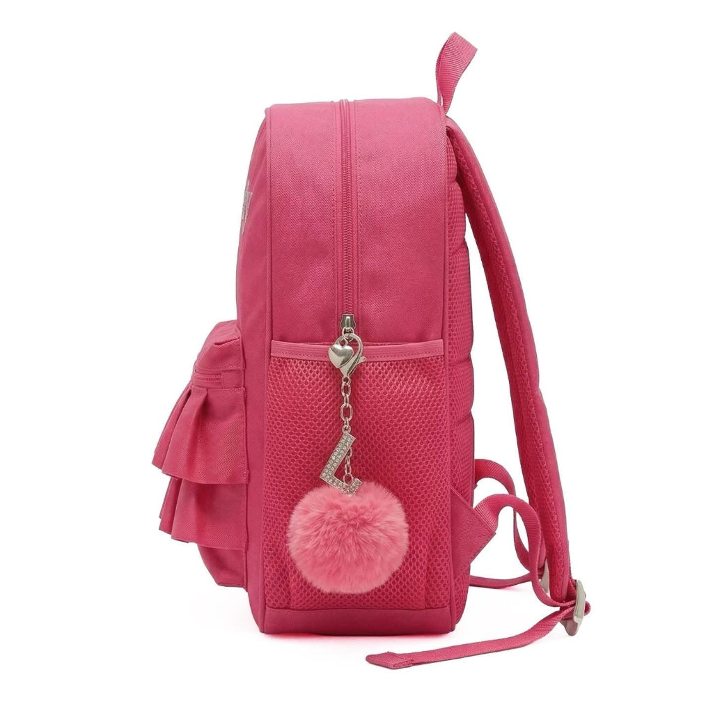 Britanny Pink backpack with ruffled design and pink pom-pom, featuring 'LELLI KELLY' branding.