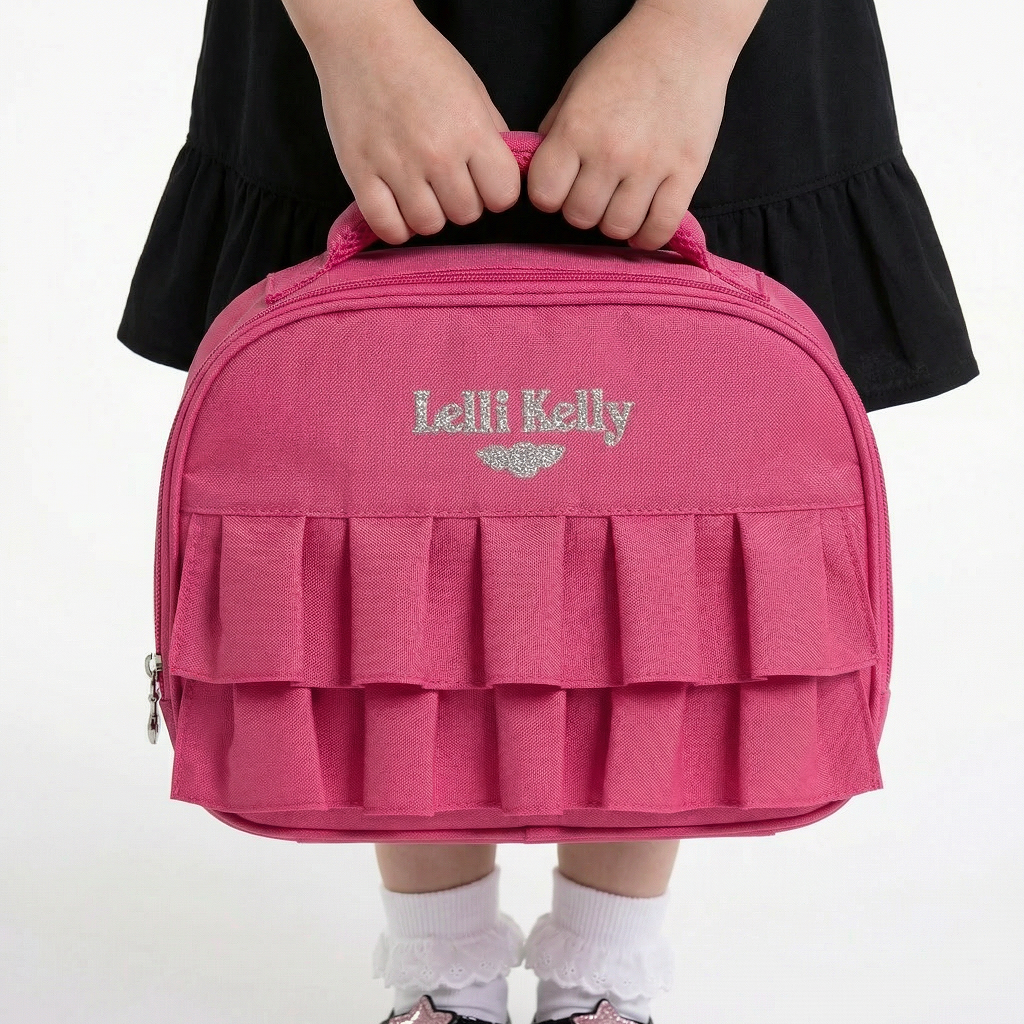 Pink ruffled lunch bag with 'Lelli Kelly' branding.