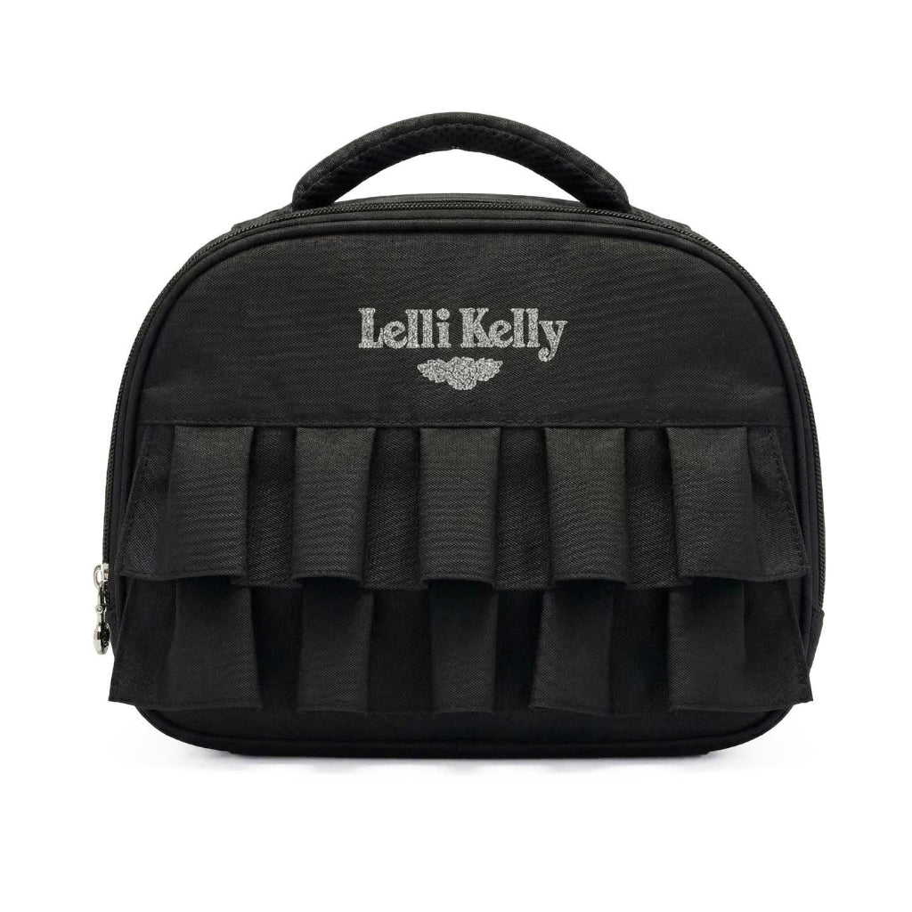 Black ruffled lunch bag with 'Lelli Kelly' branding.