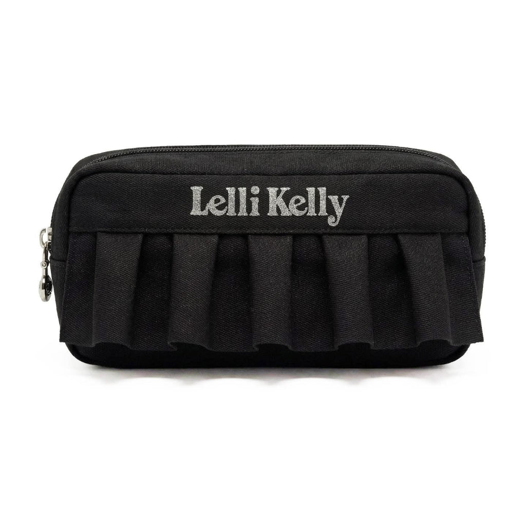 Black pencil case with ruffled bottom and 'Lelli Kelly' branding.