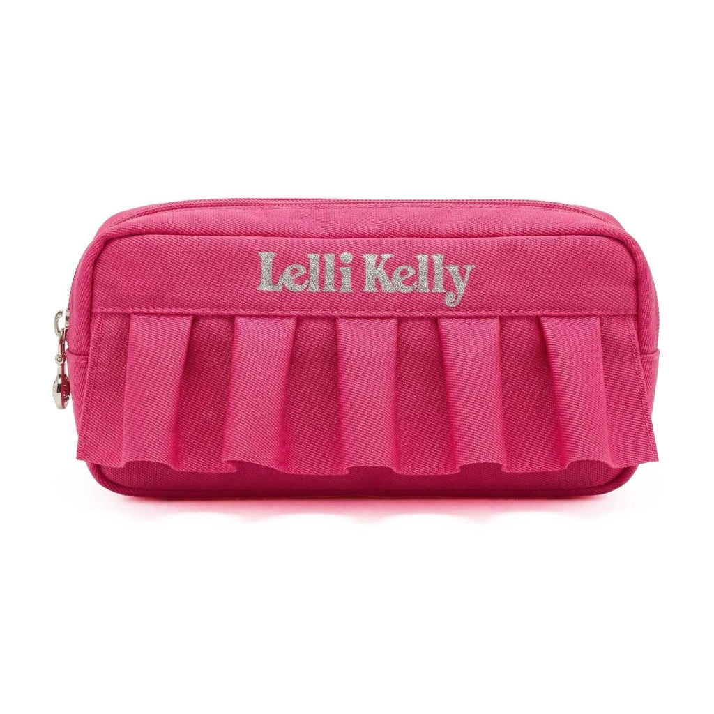 Pink pencil case with ruffled bottom and 'Lelli Kelly' branding.
