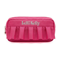 Pink pencil case with ruffled bottom and 'Lelli Kelly' branding.