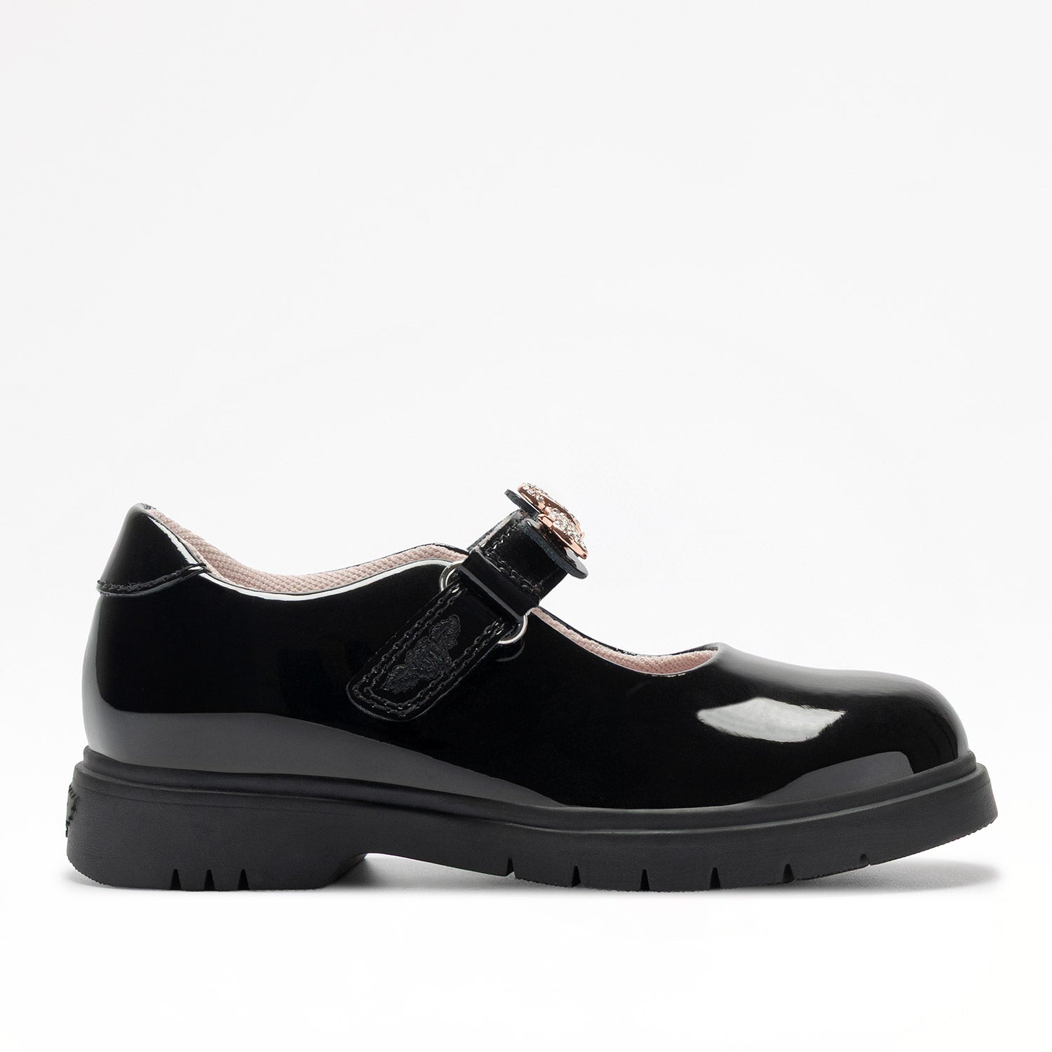 LELLI KELLY Taylor shoes in classic black patent leather, featuring charming diamante dog straps that add a playful touch. The interchangeable straps