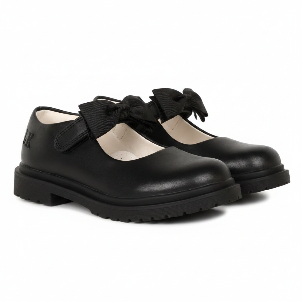 LELLI KELLY New Style Maisie Black Leather Shoes. A large black material fixed bow sits on the adjustable strap and the sole is chunkier