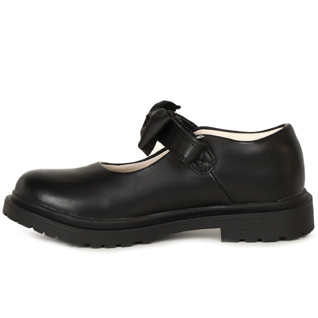 LELLI KELLY New Style Maisie Black Leather Shoes. A large black material fixed bow sits on the adjustable strap and the sole is chunkier