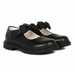 LELLI KELLY New Style Maisie Black Leather Shoes. A large black material fixed bow sits on the adjustable strap and the sole is chunkier