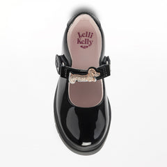 LELLI KELLY Taylor shoes in classic black patent leather, featuring charming diamante dog straps that add a playful touch. The interchangeable straps