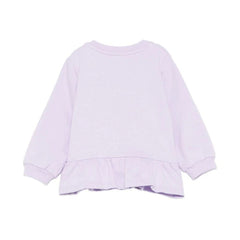 MOSCHINO baby girls sweatshirt in soft pastel lilac with charming teddy bear and floral detail.