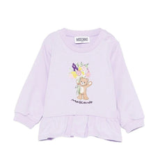 MOSCHINO baby girls sweatshirt in soft pastel lilac with charming teddy bear and floral detail.