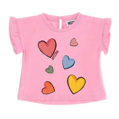 Moschino Baby Girls sweet pink multicolour heart print t-shirt with sequin decoration