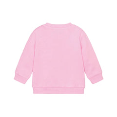 Pink cotton jersey sweatshirt by Moschino for baby girls, featuring a teddy bear and cherry motif with ribbed trims and shoulder poppers.