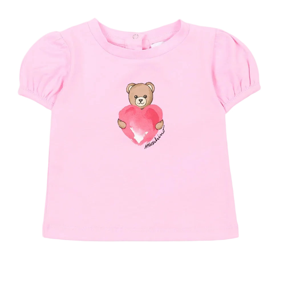MOSCHINO Baby T-shirt with signature teddy paired with leggings to match. Pink.