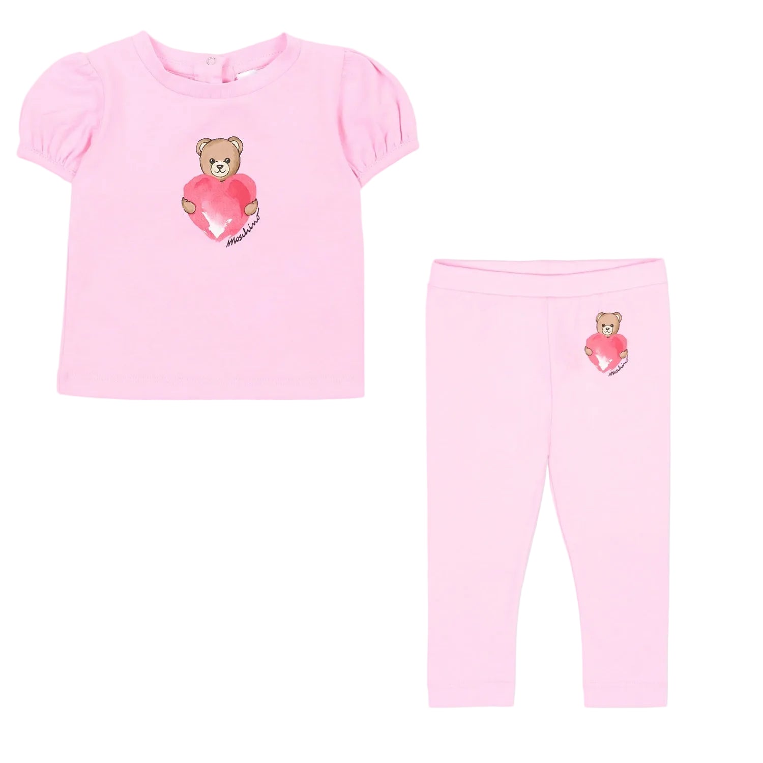 MOSCHINO Baby T-shirt with signature teddy paired with leggings to match. Pink.