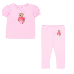 MOSCHINO Baby T-shirt with signature teddy paired with leggings to match. Pink.