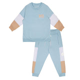 MITCH & SON Sandy Shores Cotton cut n sew crewneck tracksuit with embroidered logo on front of sweatshirt finished with rubber logo badge on both. Sky Blue