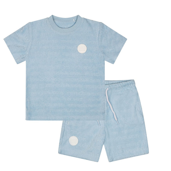MITCH & SON Sandy Shores branded terry towelling t-shirt and short set with rubber logo badge on both. Sky Blue