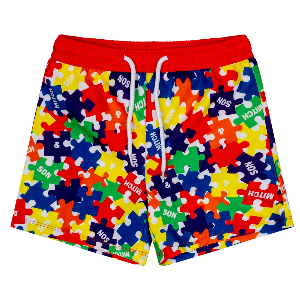 MITCH & SON Jigsaw print swimshorts with contrast red waistband. Primary Puzzles Multi