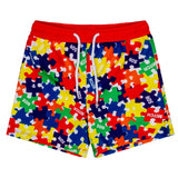 MITCH & SON Jigsaw print swimshorts with contrast red waistband. Primary Puzzles Multi