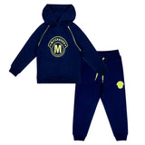 MITCH & SON Jnr Sweat hooded tracksuit with contrast raised rubber print M art work on front featuring contrast lime piping finished with rubber logo badge on jogger. Blue Navy