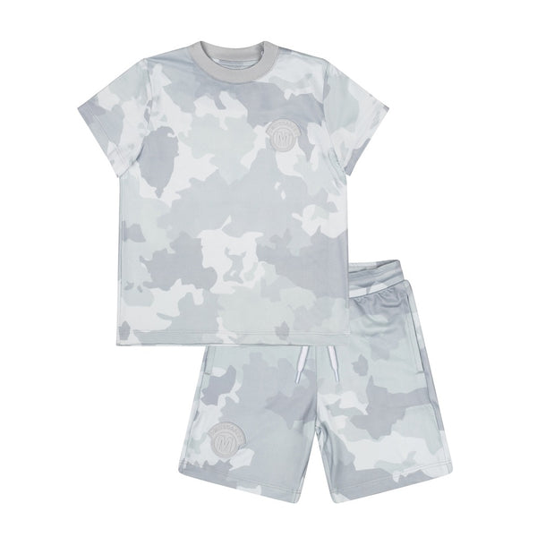 MITCH & SON Wesley Jnr Polyester jersey camo t-shirt and short set with rubber logo badge on both. Light Grey 