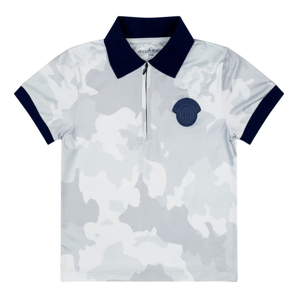 MITCH & SON Warren Jnr Polyester jersey camo print polo top with contrast navy collar and cuffs and rubber logo badge. Light Grey