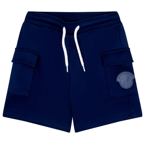 MITCH & SON Jnr Knitted poly shorts with side pockets and matching rubber logo badge. Blue Navy