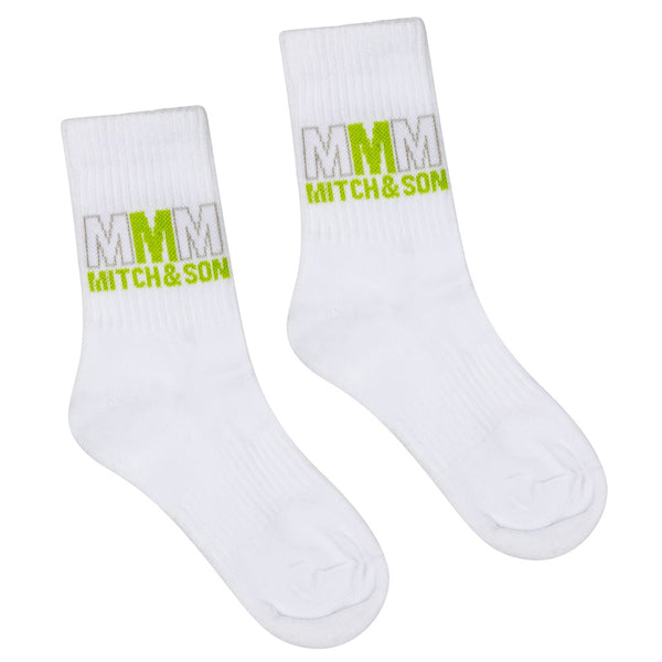 MITCH & SON Jnr Triple M logo sports socks. Bright White
