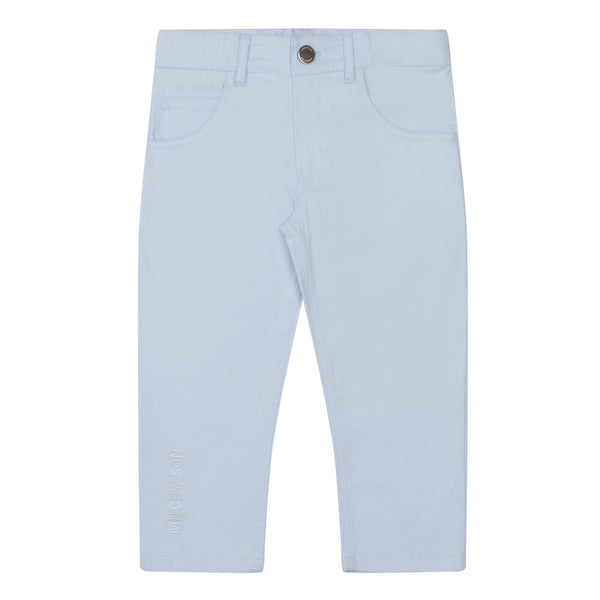MITCH &amp; SON Pale Blue Twill trousers with embroidered logo on leg finished with boucle logo badge on back pocket