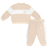 MITCH & SON Soft touch beige crewneck tracksuit with contrast panels finished with rubber logo badge on both .&nbsp;
