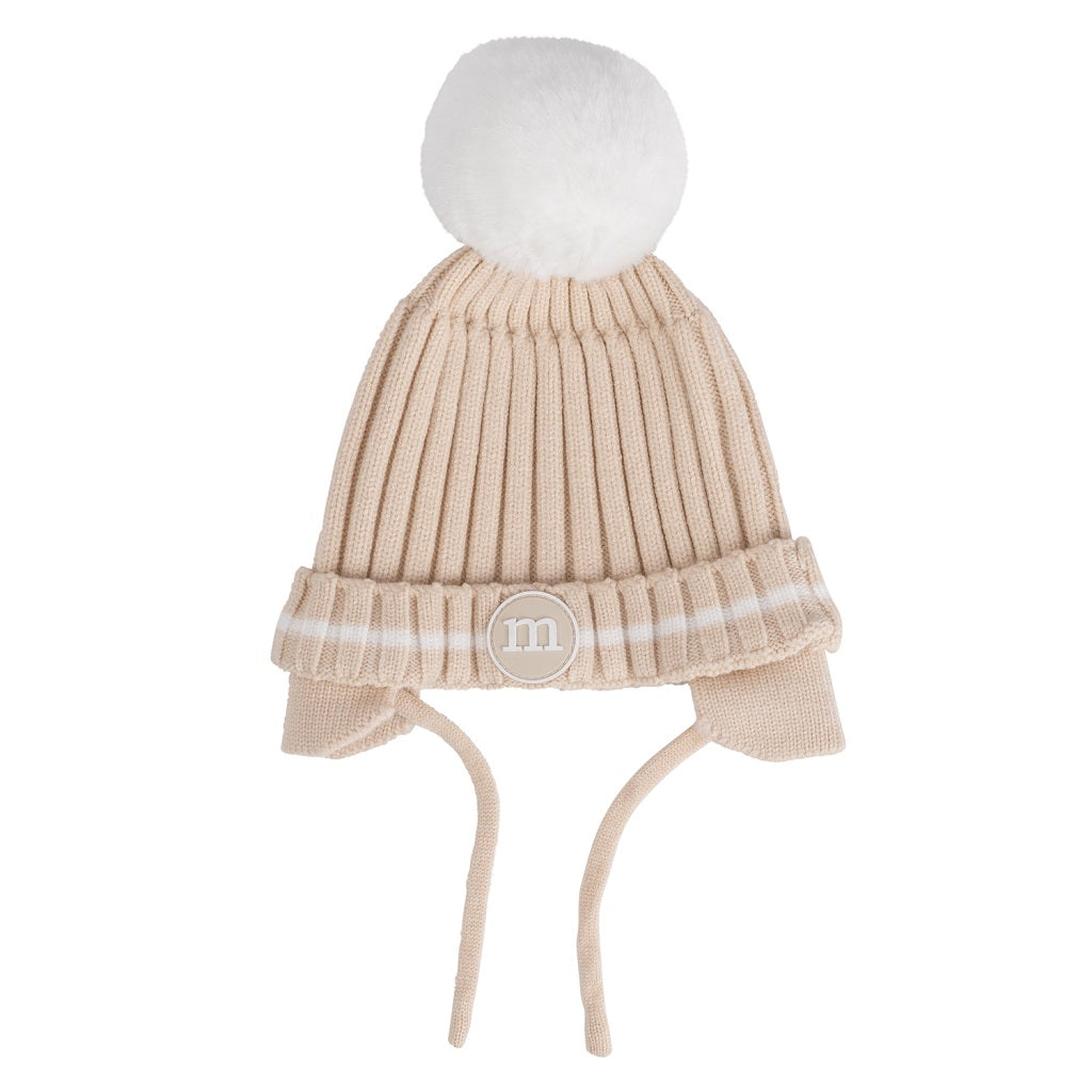 MITCH & SON Beige knitted hat with detachable pom pom featuring boucle logo badge on front