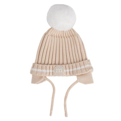 MITCH & SON Beige knitted hat with detachable pom pom featuring boucle logo badge on front