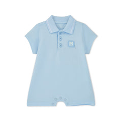 MITCH & SON Mini The Nash polo romper features a classic polo style collar with a logo badge on the front. Sky Blue