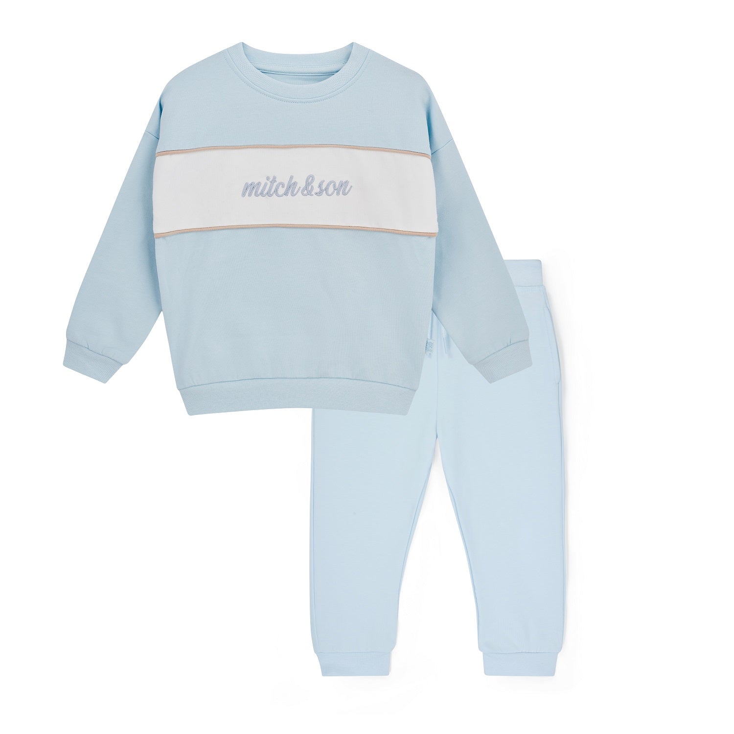 MITCH & SON Classic Collection. The Sean tracksuit features a colour block design a sweatshirt and matching joggers. Finished with ribbed trims and signature chest embroidery. Sky Blue