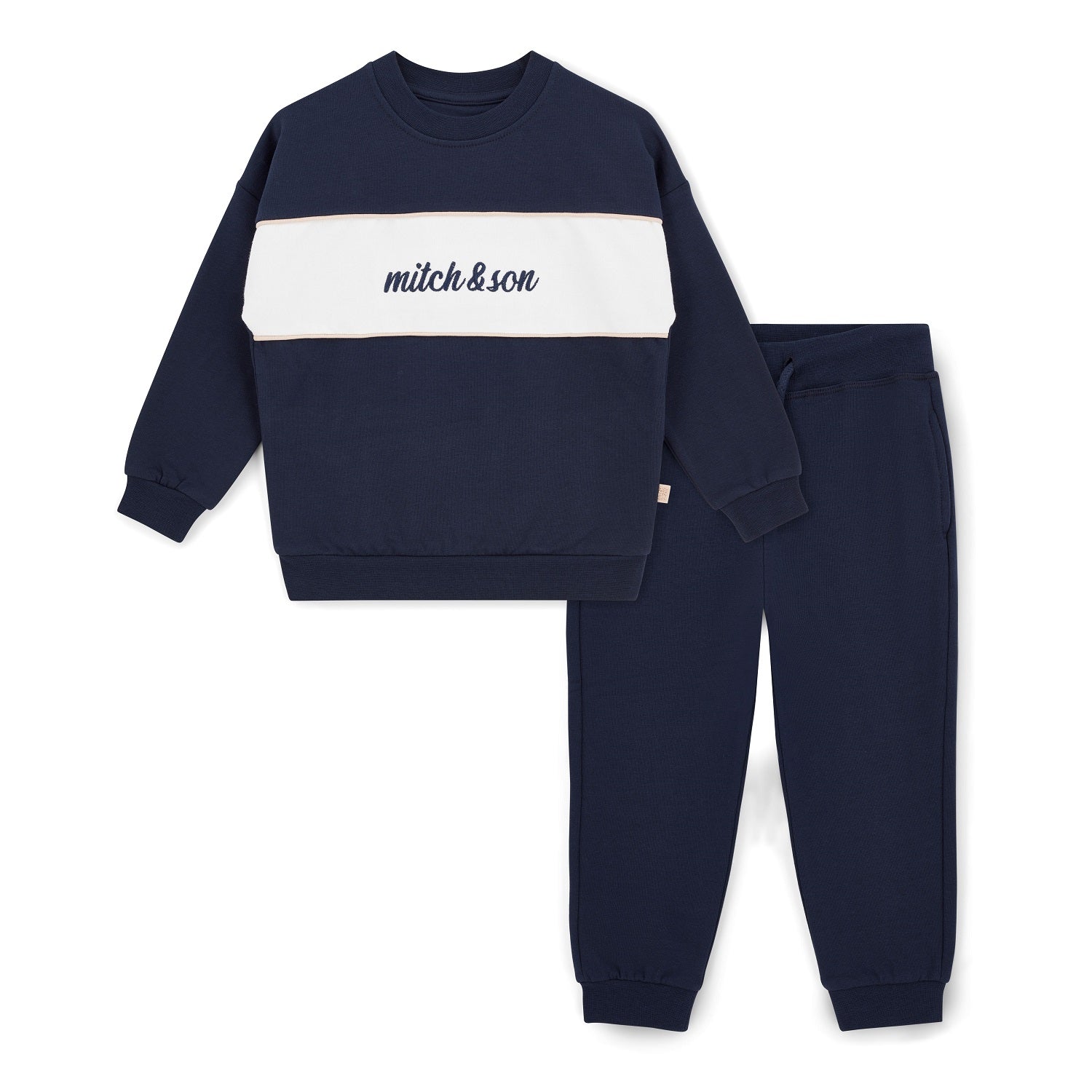 MITCH & SON Classic Collection. The Sean tracksuit features a colour block design a sweatshirt and matching joggers.  Dark Navy