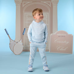 MITCH & SON Classic Collection. The Scott tracksuit features a classic overhead hoodie with a front pouch pocket and matching joggers. Designed with contrast side panels and finished with ribbed trims and signature logo detailing. Sky Blue