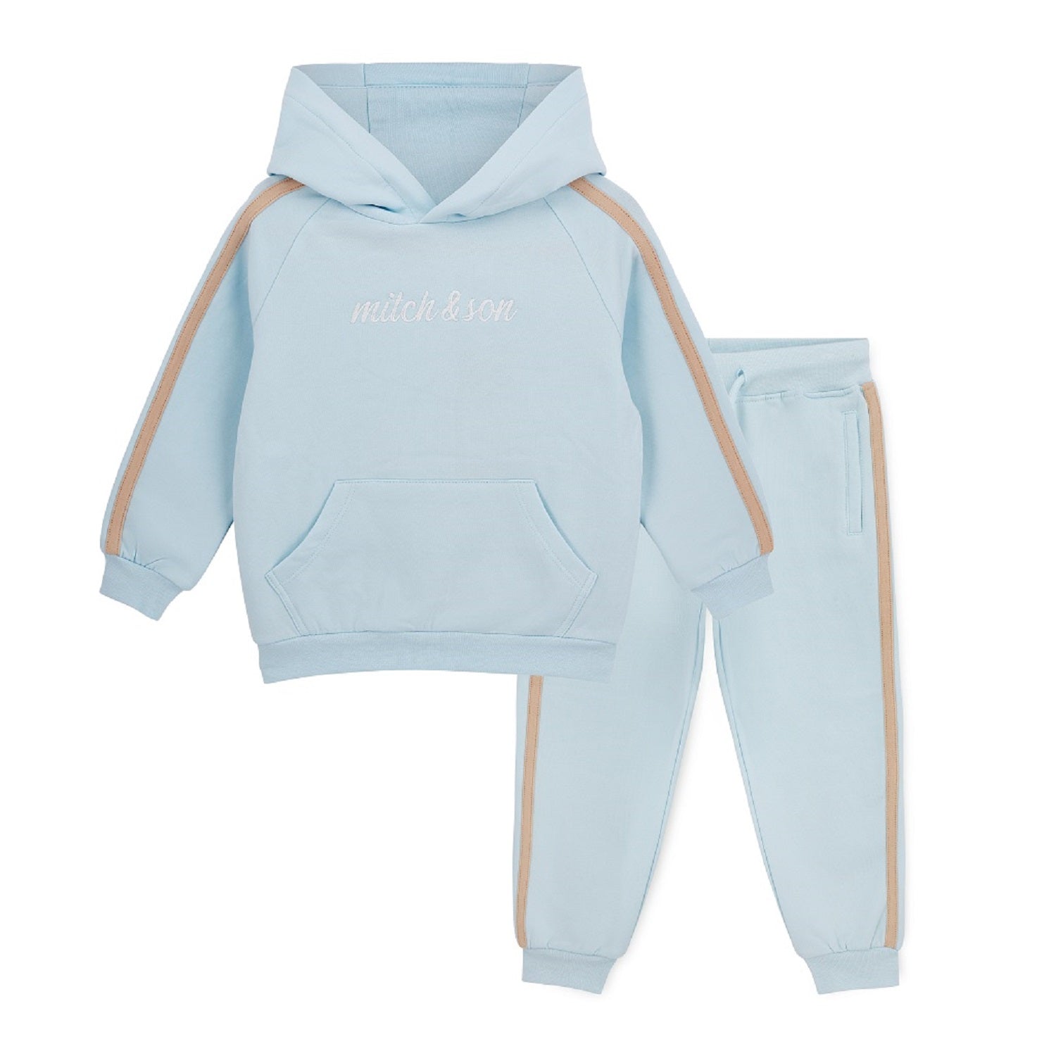 MITCH & SON Classic Collection. The Scott tracksuit features a classic overhead hoodie with a front pouch pocket and matching joggers. Designed with contrast side panels and finished with ribbed trims and signature logo detailing. Sky Blue