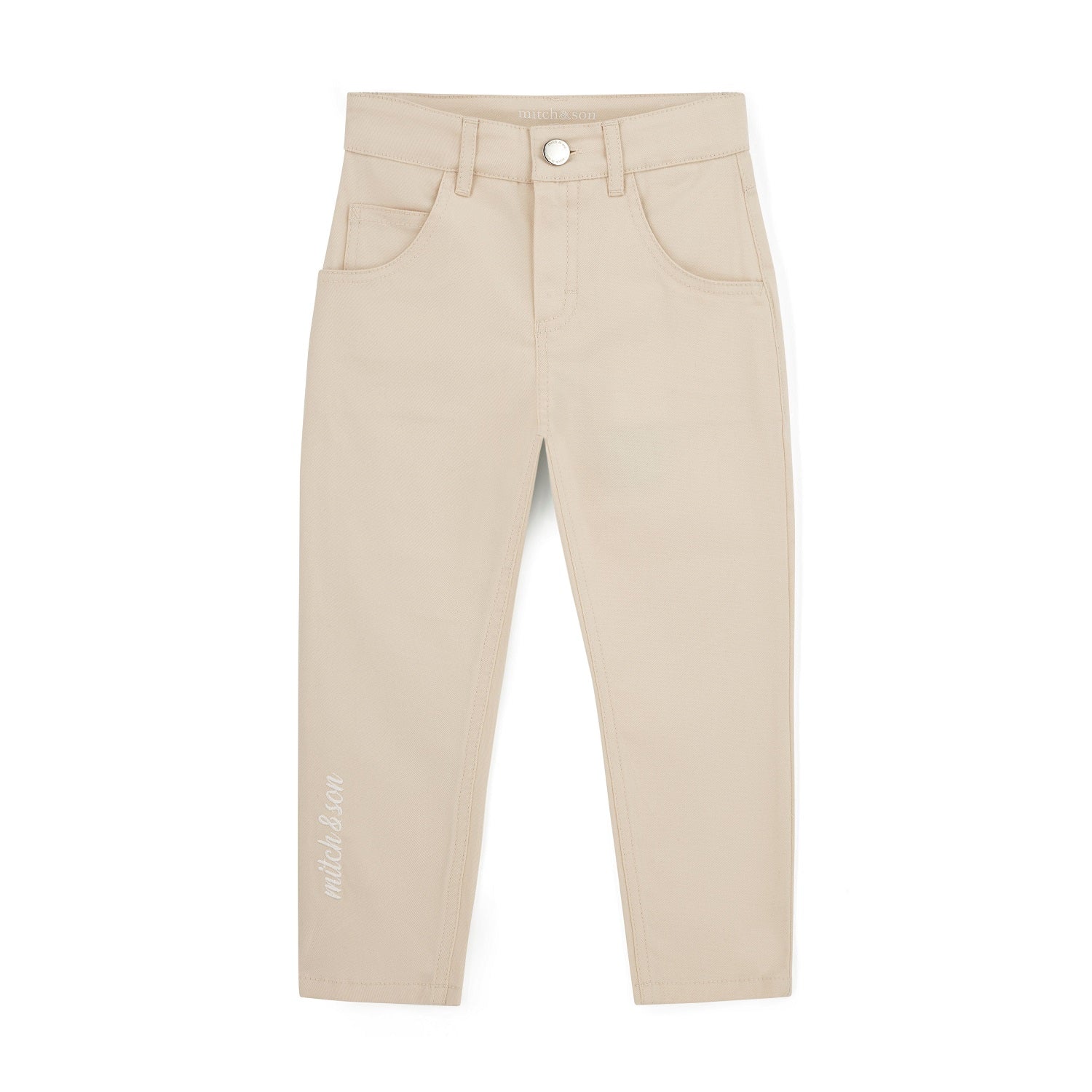 MITCH & SON Classic Collection. The Silas trousers feature a classic woven design with a button fastening and elasticated side tabs for a comfortable fit. Finished with side and back pockets and subtle logo detailing. Stone Beige