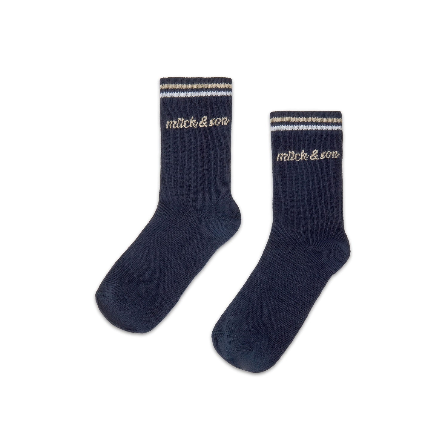 MITCH & SON The Stuart socks feature a soft stretch fit with contrast stripe detailing. Finished with logo branding for everyday comfort. Dark Navy
