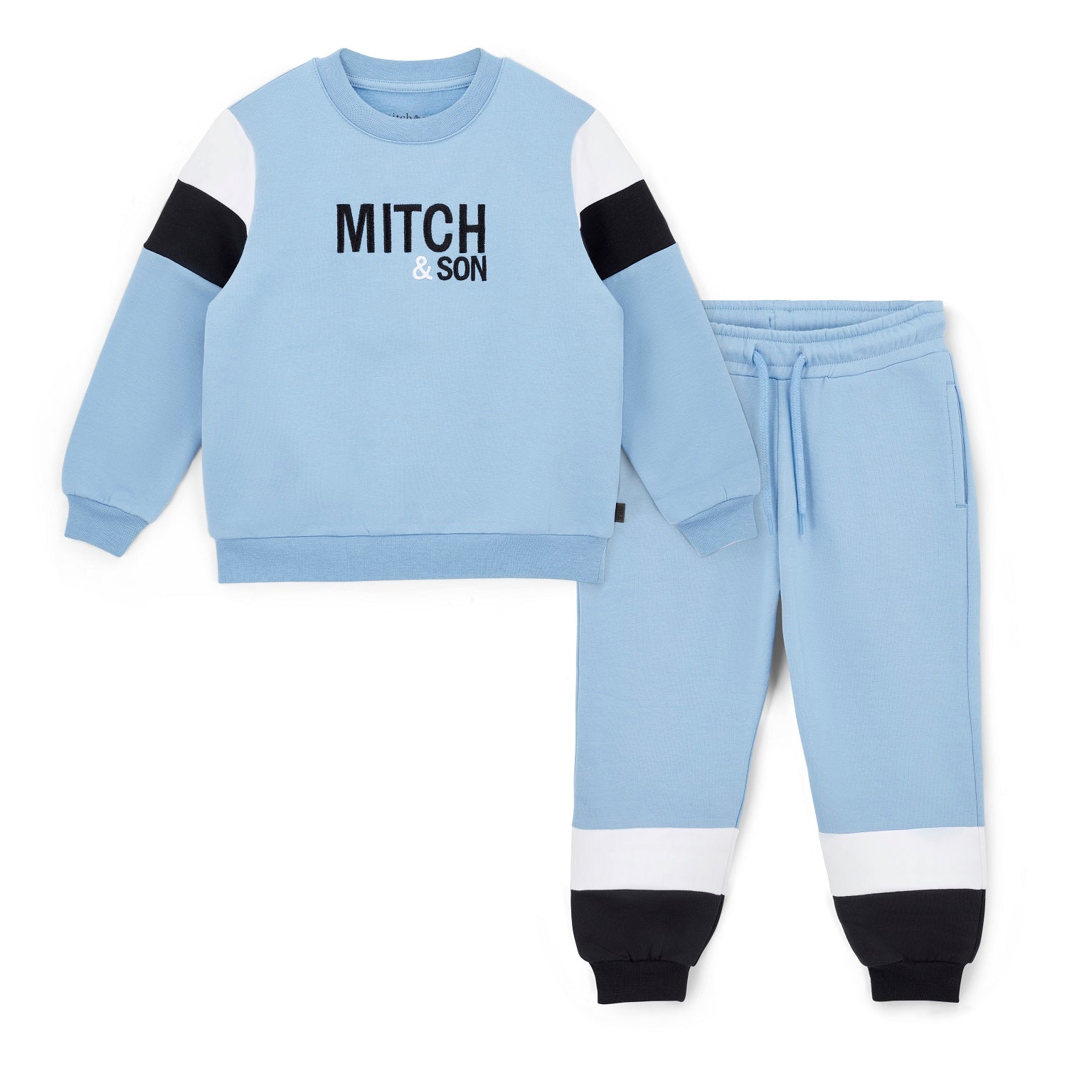 MITCH & SON Winter Chevron. The William tracksuit features a classic crewneck sweatshirt with bold front branding and matching joggers. Designed for everyday comfort with a clean, sporty feel. Cornflower Blue