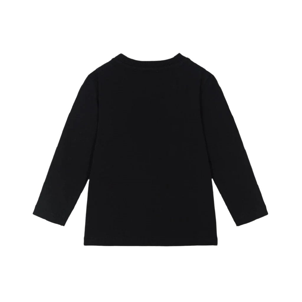 Moschino long sleeve top for young kids. Made from soft cotton jersey. Featuring the Moschino logo print on the front, ribbed neckline. Black