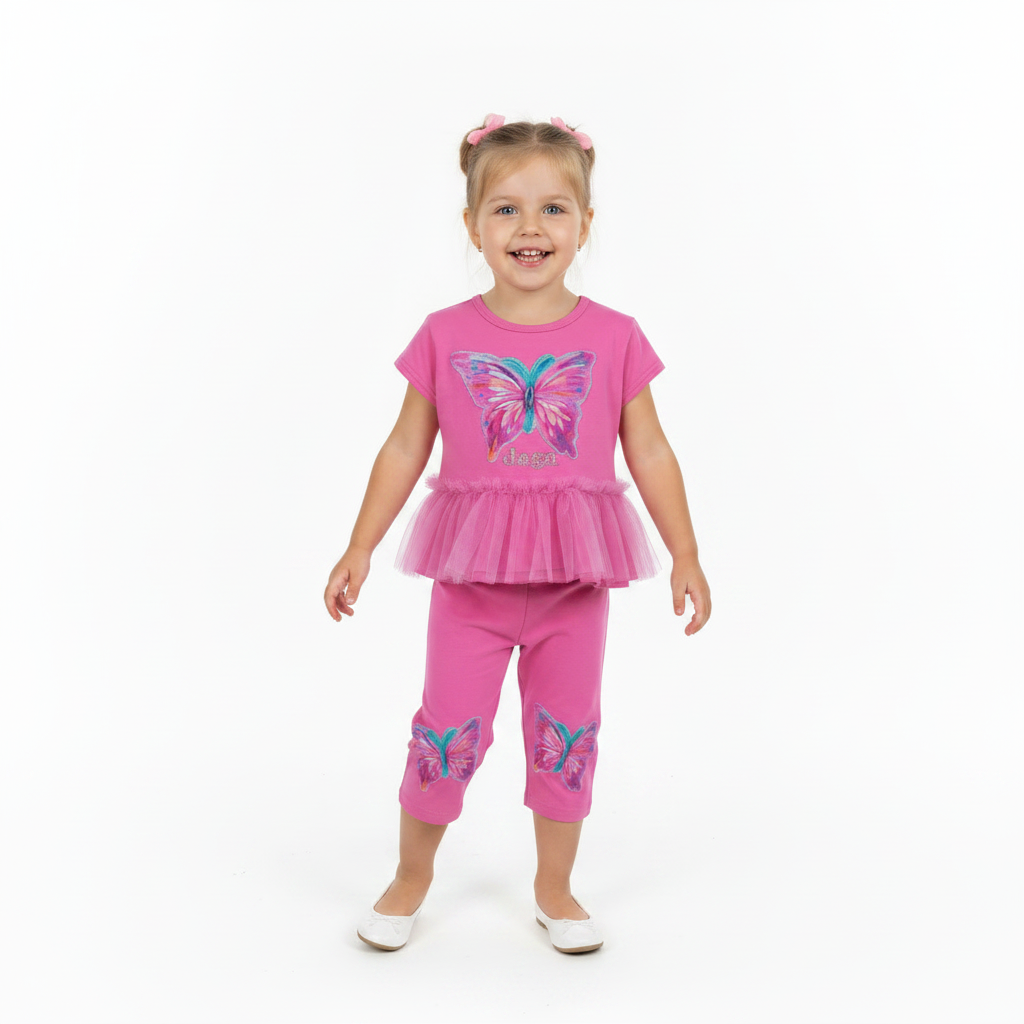 Daga soft stretchy top with gem butterfly appliques, delicate tulle ruffles and matching capri leggings. Made in Poland. Fuchsia Pink