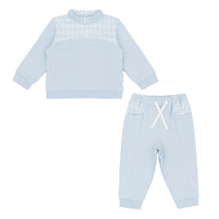 Pastels & Co - Pastels Perfect Plaid. The Luke quarter zip jogger set set in blue and white offers timeless elegance for baby boys.