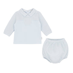Pastels & Co - Herringbone Smash Story. The Arlo bloomer set in soft pale blue offers timeless elegance for baby boys.
