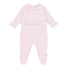 Pastels & Co - Hearts & Bows Story. The Olivia all-in-one in soft pale pink offers timeless elegance for baby girls.