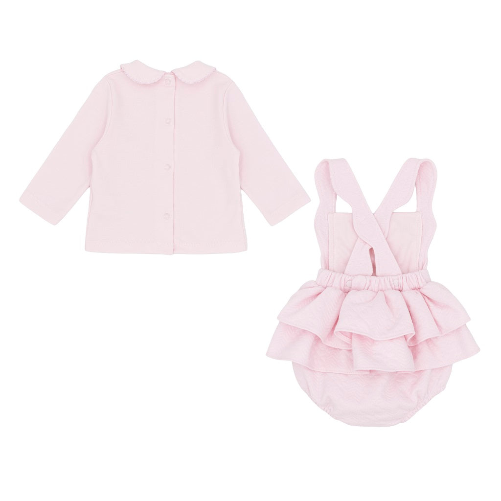 Pastels & Co - Hearts & Bows Story. The Maeve 2 Piece romper set in soft pale pink offers timeless elegance for baby girls.